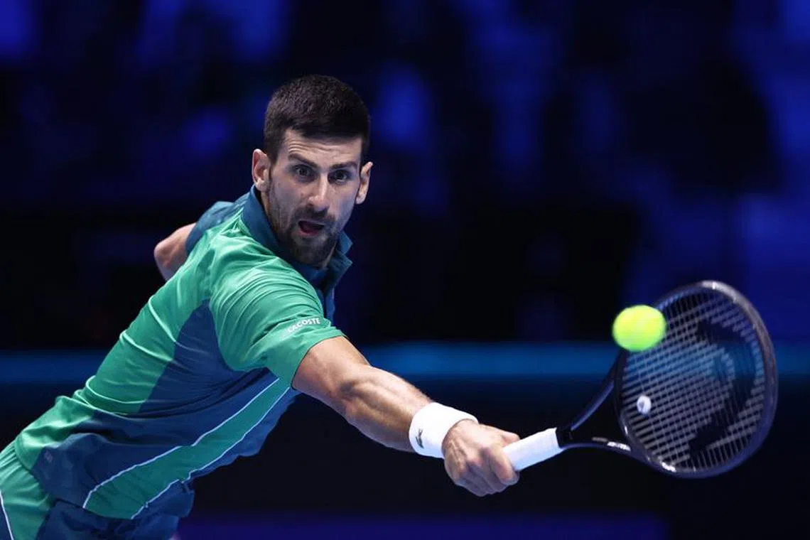 FILE PHOTO: Tennis - ATP Finals - Pala Alpitour, Turin, Italy - November 19, 2023  Serbia's Novak Djokovic in action during the final against Italy's Jannik Sinner REUTERS/Guglielmo Mangiapane