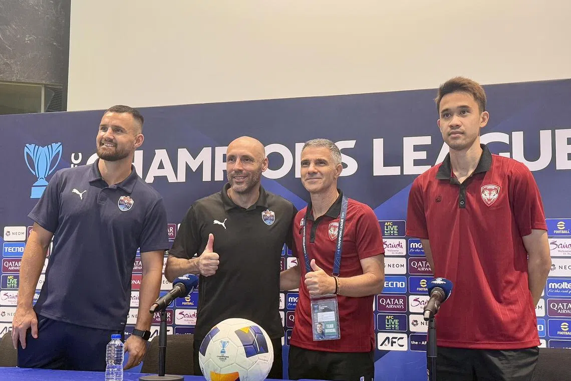 From left: Lion City Sailors defender Bailey Wright alongside his head coach Aleksandar Rankovic, Muangthong United coach Gino Lettieri and midfielder Kasidech Wettayawong at the pre-match press conference at the Sailors' training facility along Mattar Road on Feb 19. 

Credit: Deepanraj Ganesan