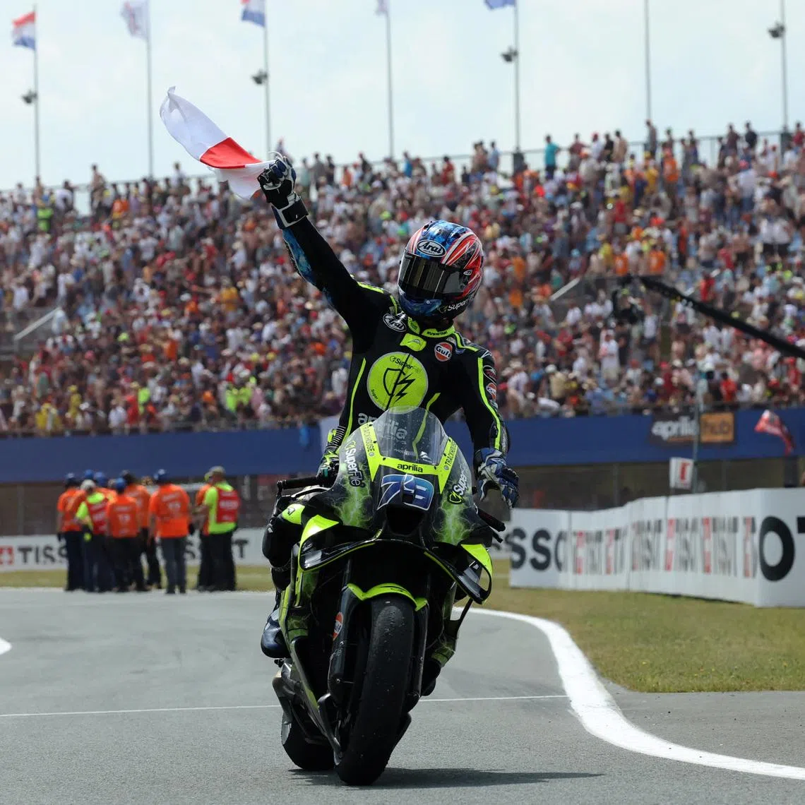 MotoGP - Grand Prix of Netherlands - TT Circuit Assen, Assen, Netherlands - June 28, 2026 Trackhouse MotoGP Team's Ai Ogura celebrates after winning the MotoGP race REUTERS/Omar Havana