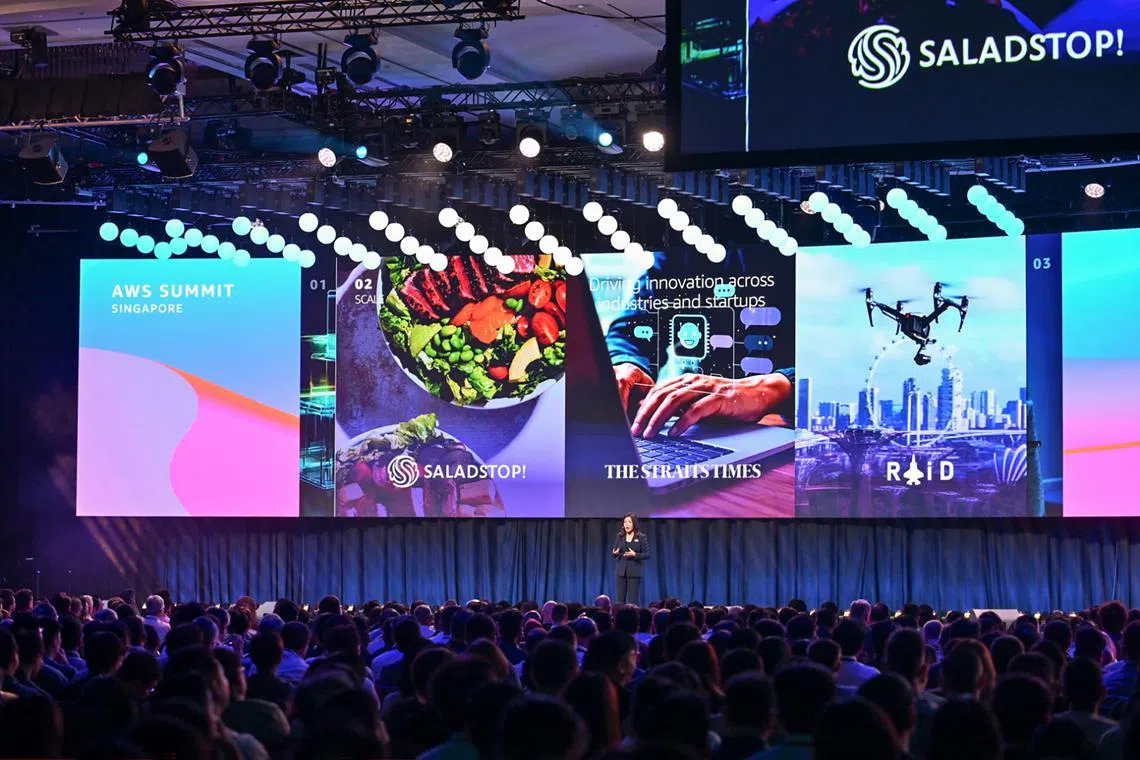 A presentation being delivered at the AWS Summit held at Marina Bay Sands on May 25.