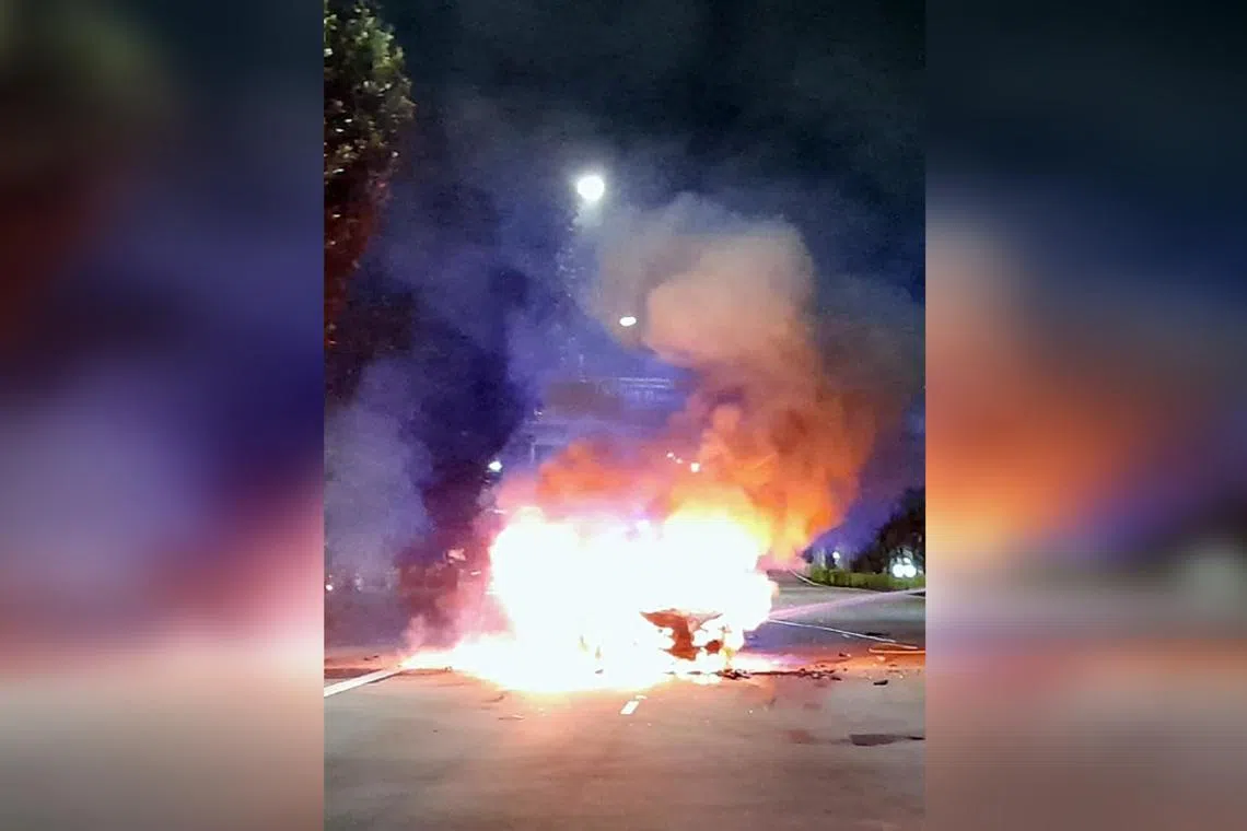 A car caught fire after an accident with a taxi on the CTE in the early hours of March 6.