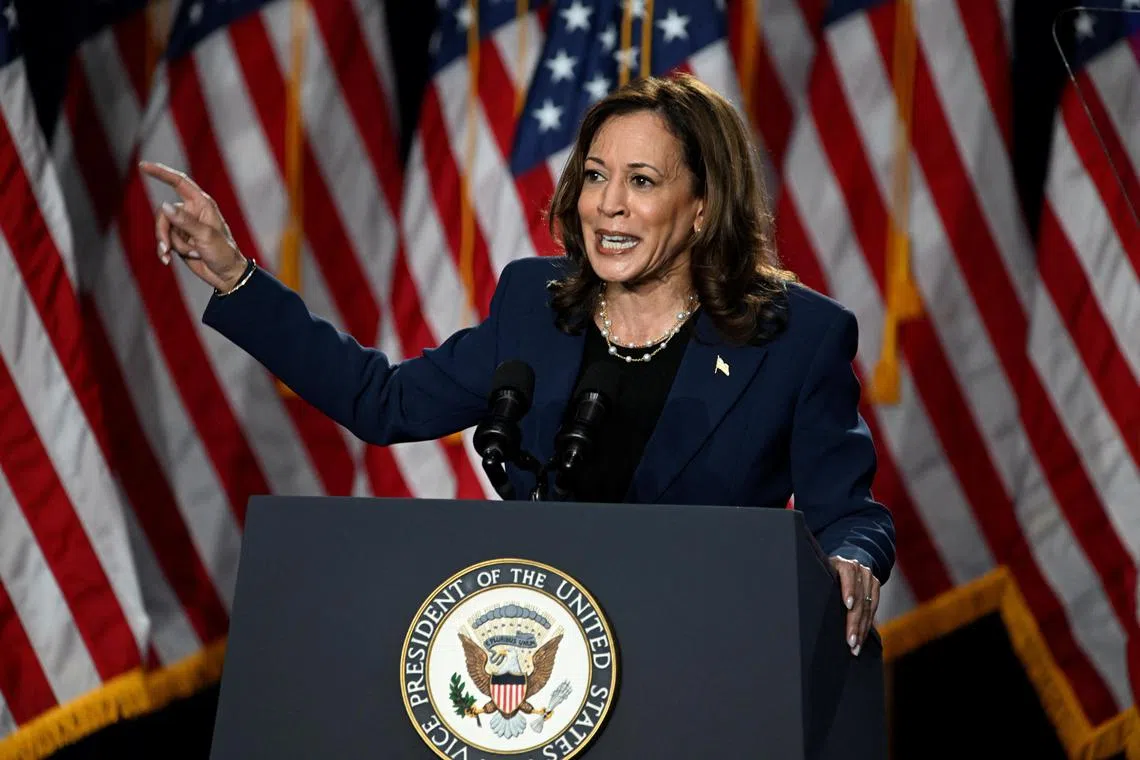 US Vice-President Kamala Harris delivering remarks during a campaign event in West Allis, Wisconsin, on July 23.