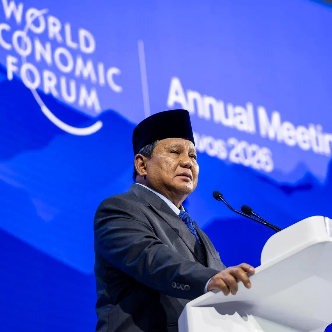 epa12671255 Indonesia's President Prabowo Subianto speaks during a panel discussion during the 56th annual meeting of the World Economic Forum(WEF), in Davos, Switzerland, 22 January 2026. The 2026 summit, running from 19 to 23 January and held under the theme 'A Spirit of Dialogue,' brings together global political leaders, corporate executives, and scientists to address international challenges.  EPA/GIAN EHRENZELLER