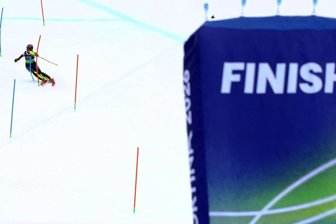 Milano Cortina 2026 Olympics - Alpine Skiing - Women's Team Combined Slalom - Tofane Alpine Skiing Centre, Belluno, Italy - February 10, 2026. Mikaela Shiffrin of United States in action during the Women's Team Combined Slalom REUTERS/Lisi Niesner