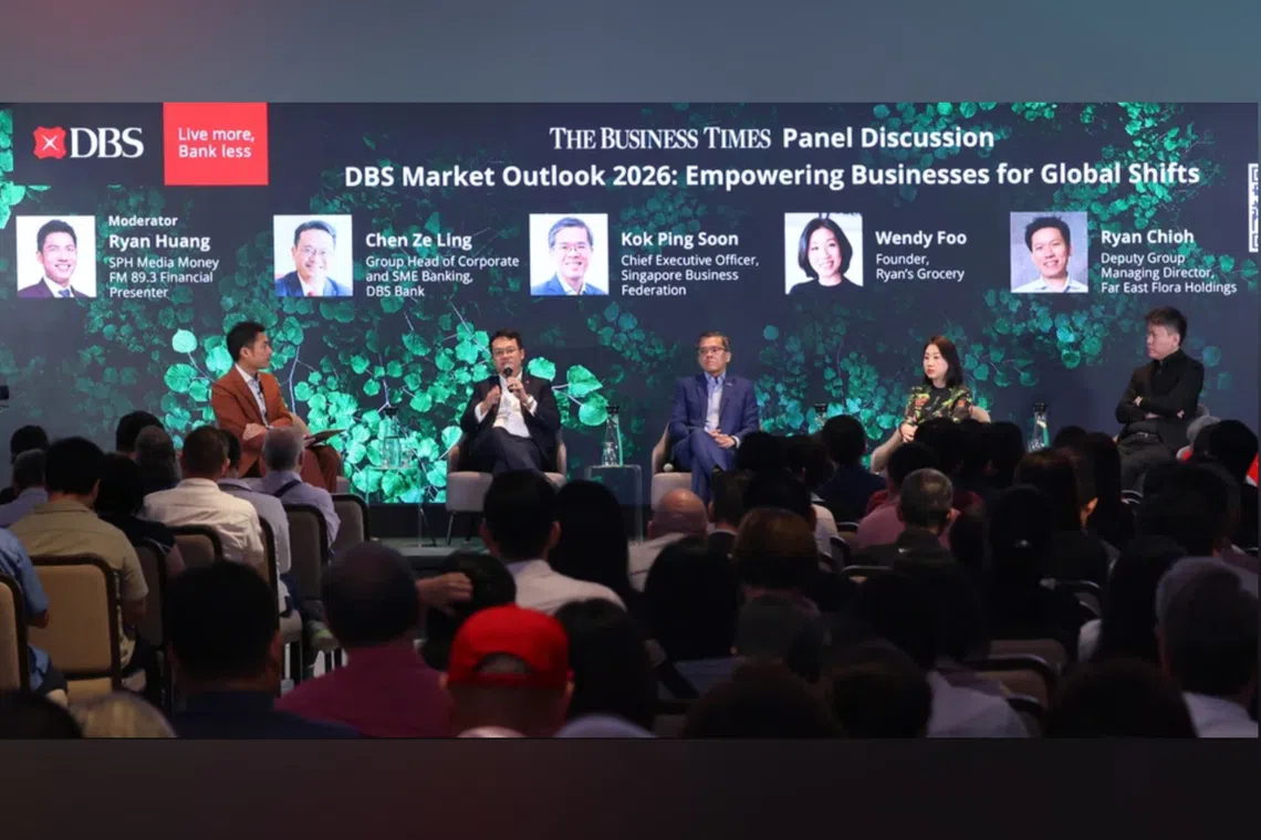 (From left) Money FM 89.3 presenter Ryan Huang, who moderated the panel, DBS group head of corporate and SME banking Chen Ze Ling, SBF CEO Kok Ping Soon, Ryan's Grocery founder Wendy Foo and Far East Flora deputy group managing director Ryan Chioh.