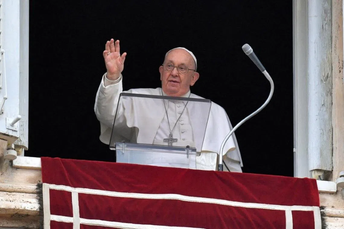 FILE PHOTO: Pope Francis leads the Angelus prayer at the Vatican, January 7, 2024.   Vatican Media/­Handout via REUTERS