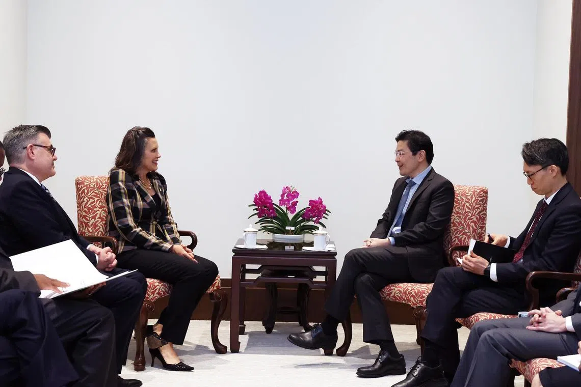 Michigan Governor Gretchen Whitmer calling on PM Lawrence Wong during her four-day visit to Singapore.