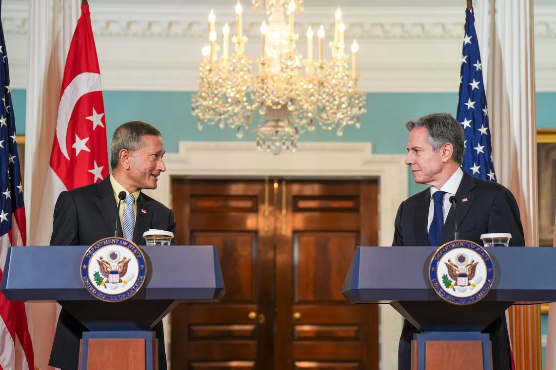 "Collaboration rooted in one of our strongest bilateral relationships in the Indo-Pacific" - US Secretary of State Antony Blinken (right) at joint press conference on Friday with Singapore's Minister of Foreign Affairs Vivian Balakrishnan.