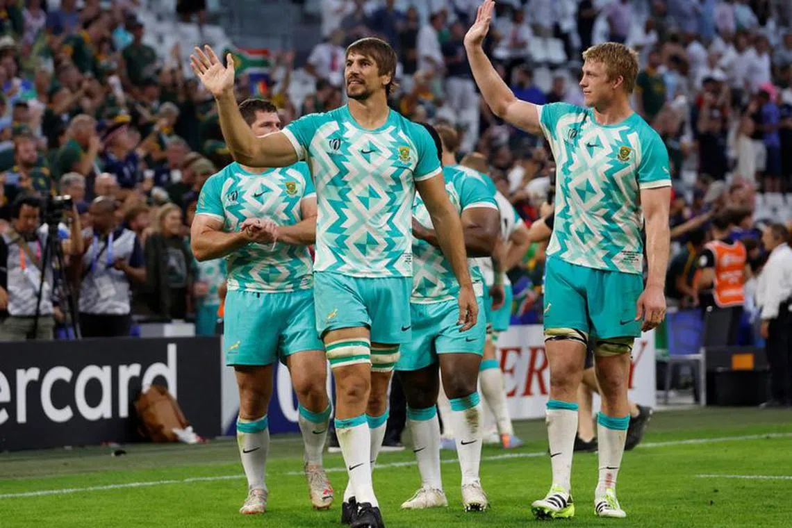 FILE PHOTO: Rugby Union - Rugby World Cup 2023 - Pool B - South Africa v Scotland - Orange Velodrome, Marseille, France - September 10, 2023 South Africa's Eben Etzebeth and Pieter-Steph du Toit celebrates after the match REUTERS/Peter Cziborra/File Photo