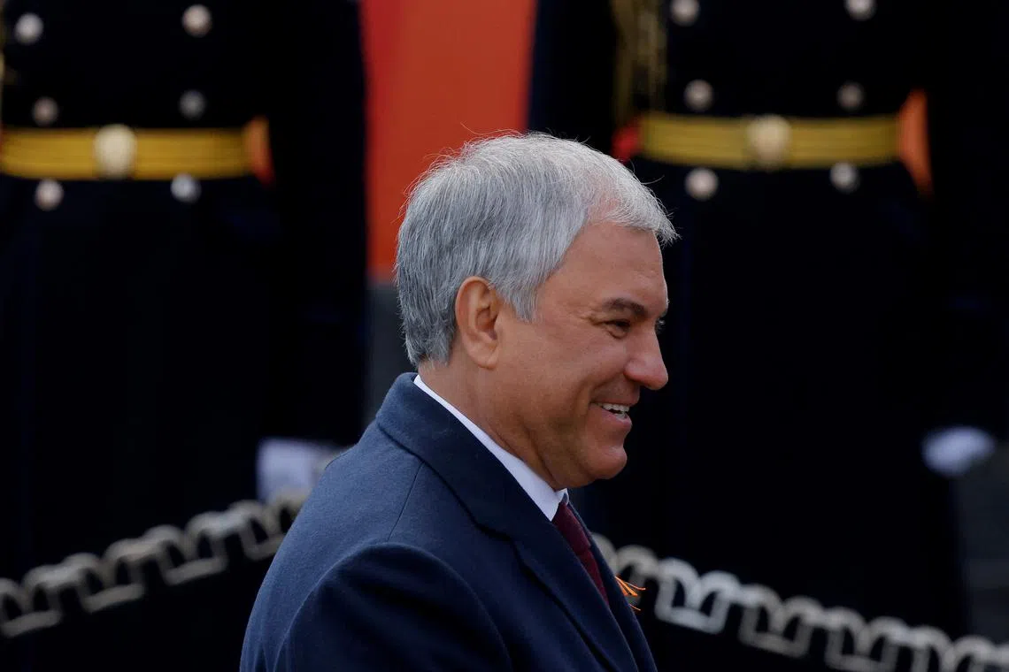 FILE PHOTO: Speaker of Russia's State Duma lower house of parliament Vyacheslav Volodin attends a military parade on Victory Day, marking the 80th anniversary of the victory over Nazi Germany in World War Two, in Red Square in central Moscow, Russia, May 9, 2025. REUTERS/Maxim Shemetov/File Photo