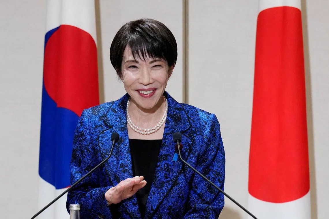Japanese Prime Minister Sanae Takaichi speaks during a joint news conference with South Korean President Lee Jae Myung (not pictured) after their talk in Nara, western Japan, January 13, 2026. Eugene Hoshiko/Pool via REUTERS