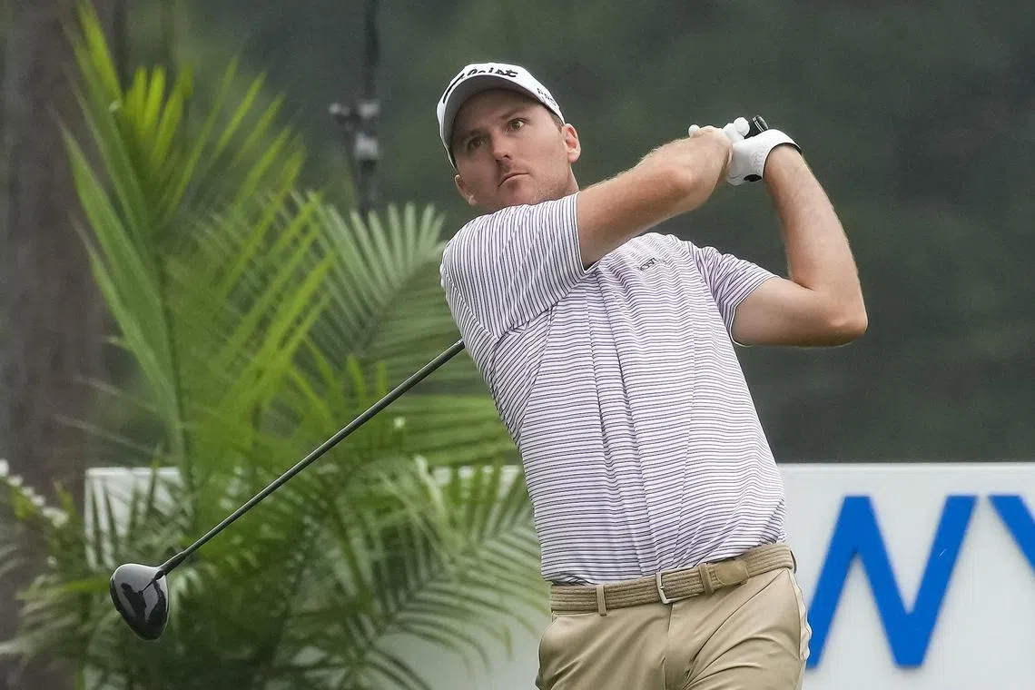 Russell Henley plays from the ninth tee during the second round of the Wyndham Championship.