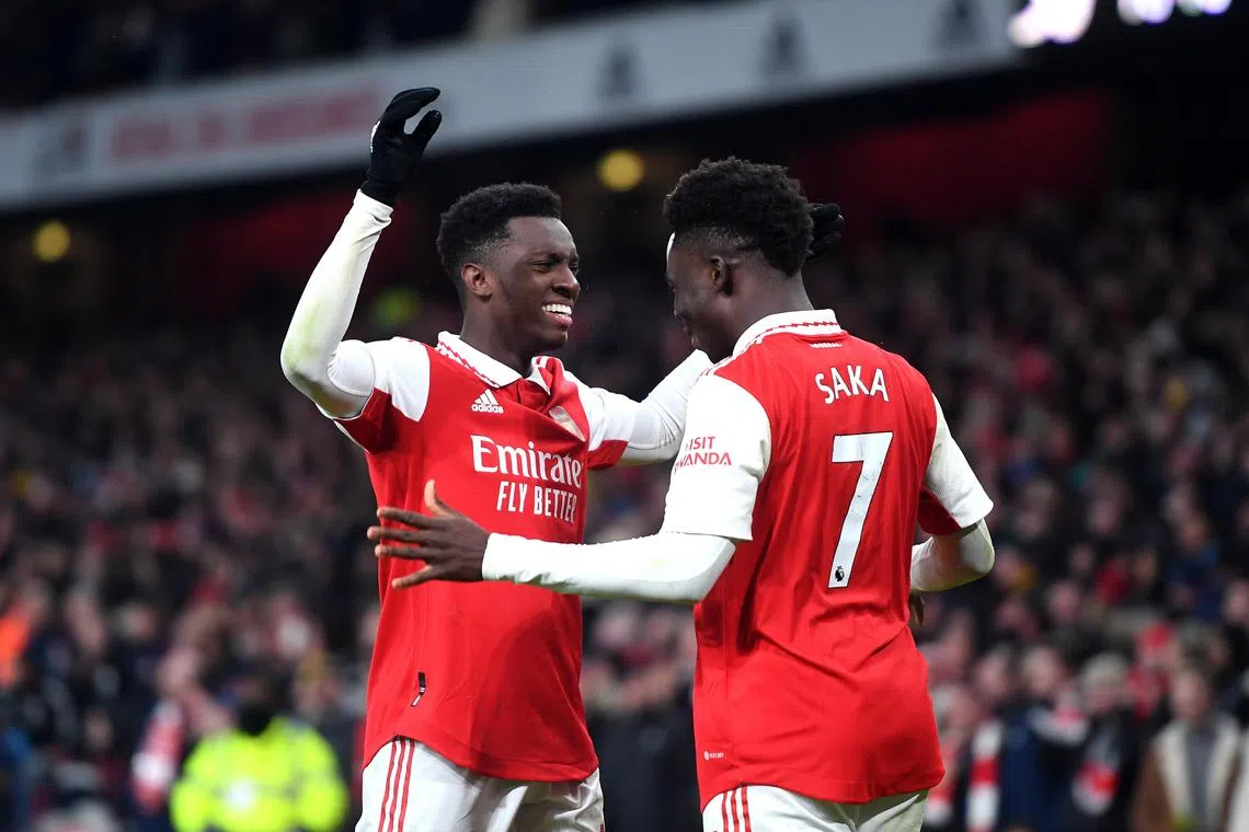 Two goals from Eddie Nketiah (left) and one from Bukayo Saka sealed Arsenal's victory.