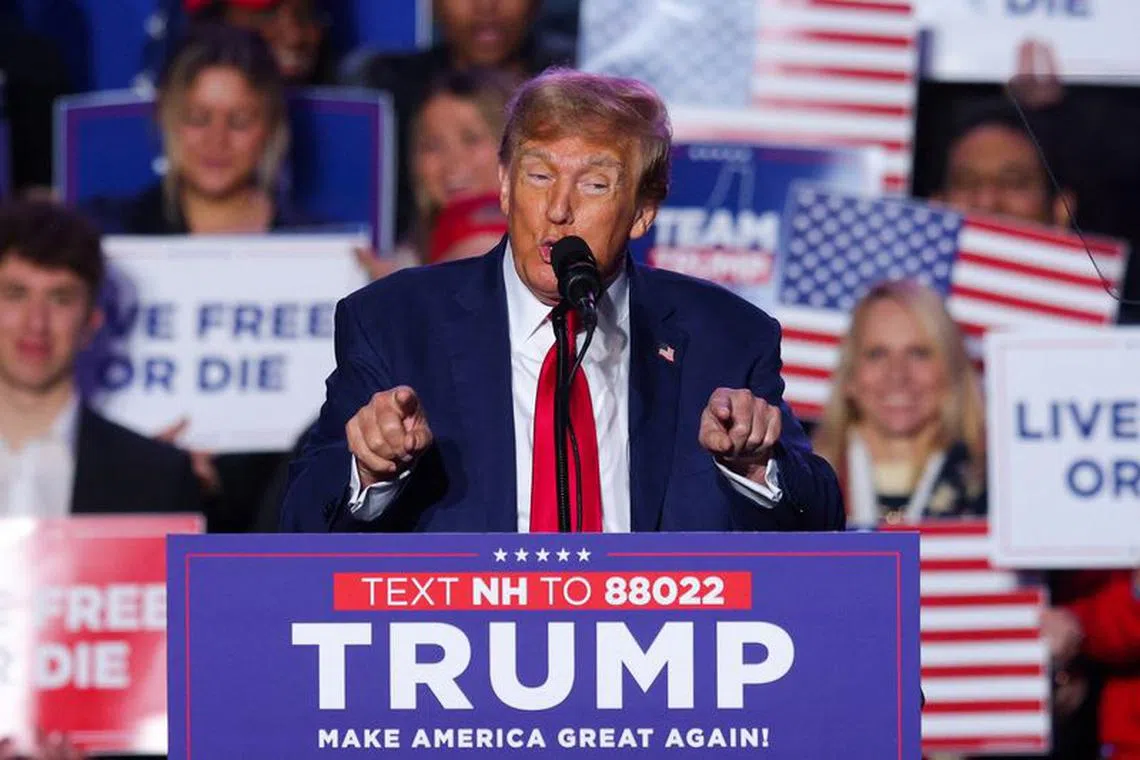 FILE PHOTO: Republican presidential candidate and former U.S. President Donald Trump speaks at a rally in Durham, New Hampshire, U.S. December 16, 2023. REUTERS/Brian Snyder/File Photo