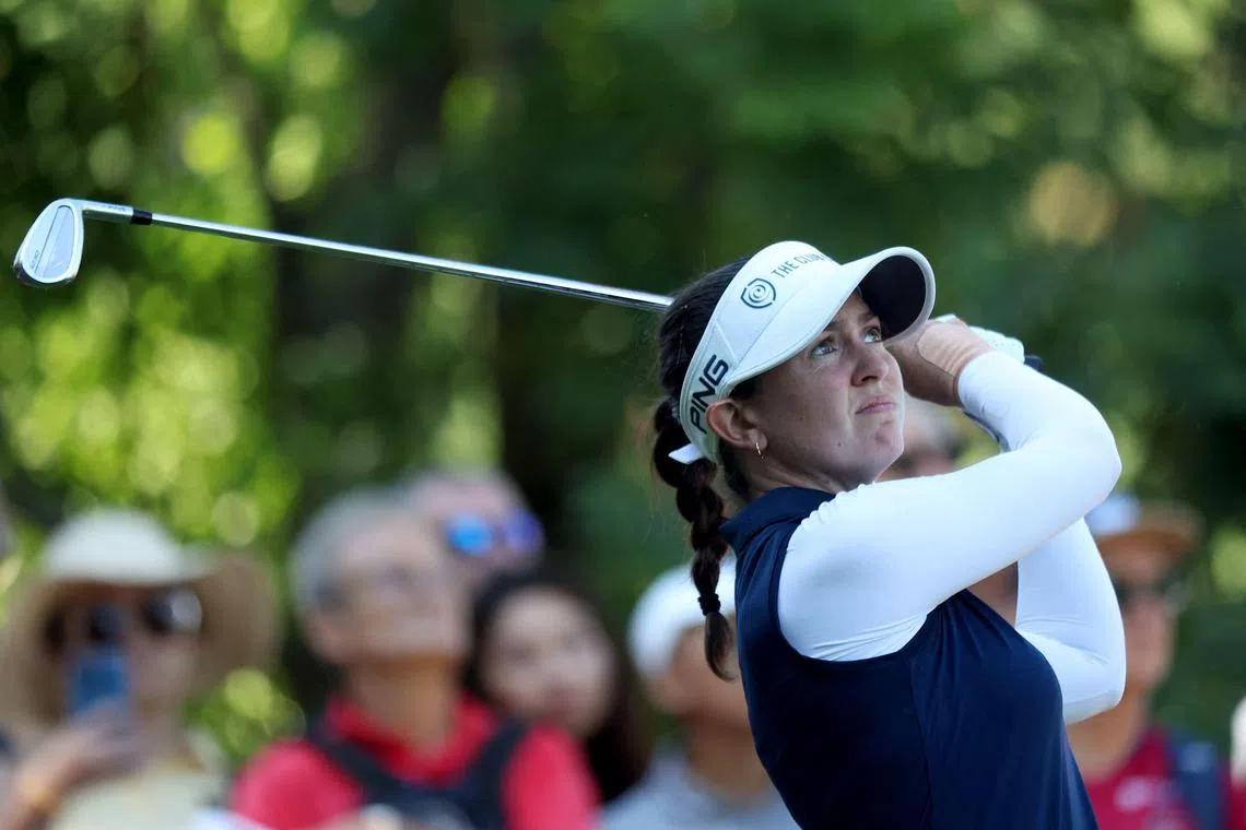 England’s Cara Gainer looks at her ball after a shot during the third round of the Evian Championship.