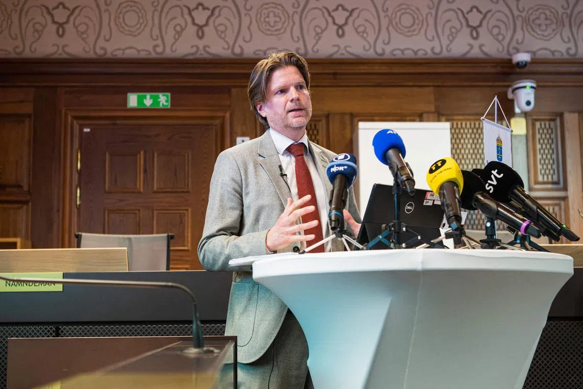 Judge Mans Wigen holds a press conference in Stockholm,  following the verdict in the case of two Swedish brothers charged with spying for Russia.