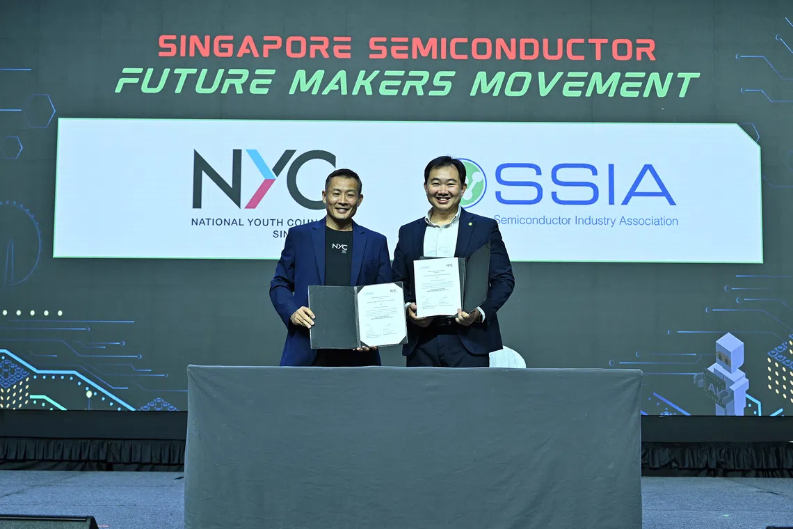 National Youth Council chief executive David Chua (left) and SSIA executive director Ang Wee Seng mark a three-year partnership to expand semiconductor industry exposure, Job Tasters and mentoring opportunities for young people.