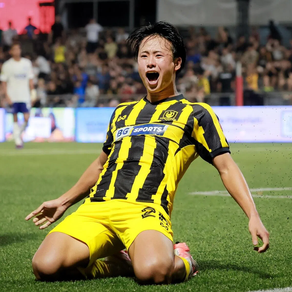 BG Tampines Rovers Hide Higashikawa (yellow, 25) celebrate after scoring a goal against Lion City Sailors during the Singapore Premier League Community Shield match held at Jurong East Stadium on Aug 16, 2025.