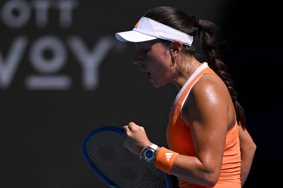 Tennis - Australian Open - Melbourne Park, Melbourne, Australia - January 24, 2026 Jessica Pegula of the U.S. reacts during her third round match against Russia's Oksana Selekhmeteva REUTERS/Jaimi Joy