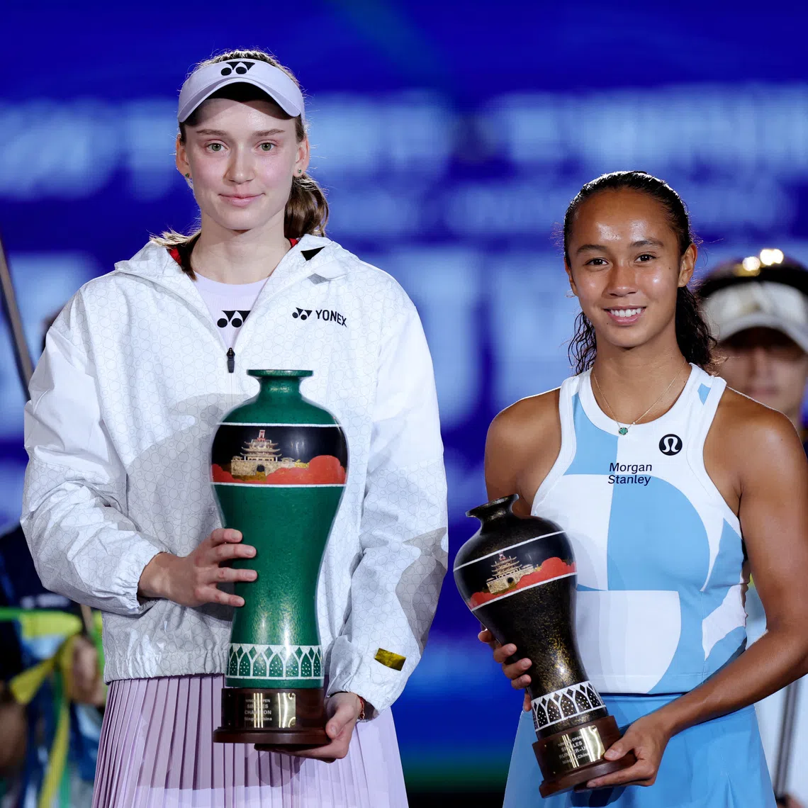 Kazakhstan’s Elena Rybakina celebrates with the Ningbo Open trophy after beating Canada’s Leylah Fernandez in the final on Oct 25.