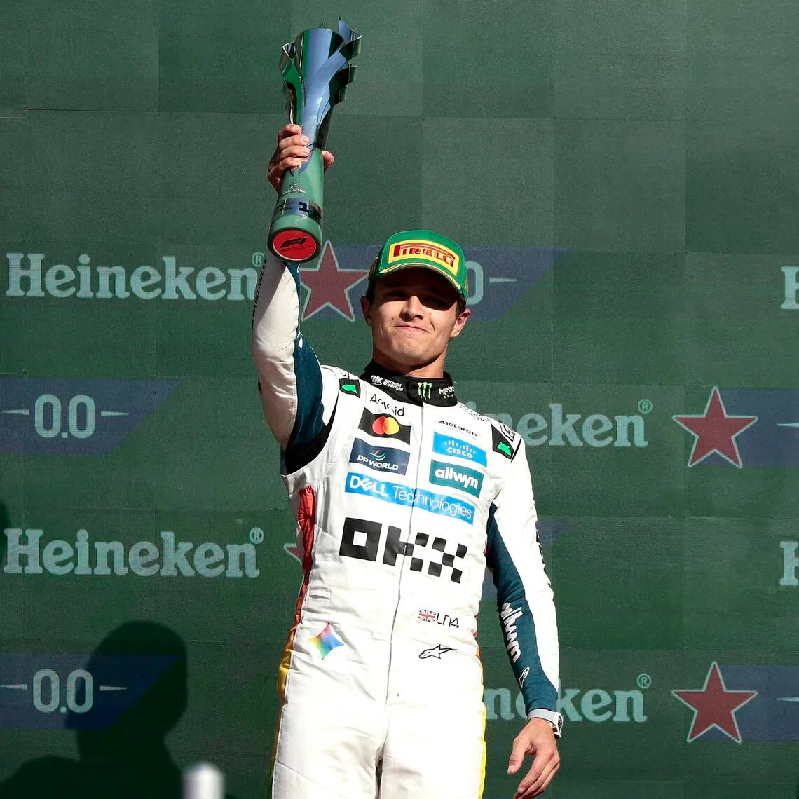 Britain's Lando Norris of McLaren celebrates after winning first place in the Mexico City Grand Prix.