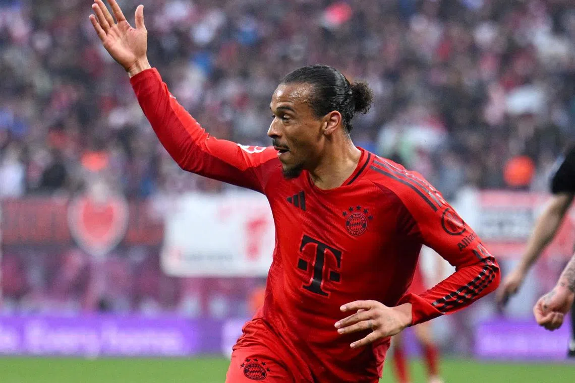 FILE PHOTO: Soccer Football - Bundesliga - RB Leipzig v Bayern Munich - Red Bull Arena, Leipzig, Germany - May 3, 2025 Bayern Munich's Leroy Sane celebrates scoring their third goal REUTERS/Annegret Hilse DFL REGULATIONS PROHIBIT ANY USE OF PHOTOGRAPHS AS IMAGE SEQUENCES AND/OR QUASI-VIDEO./File Photo