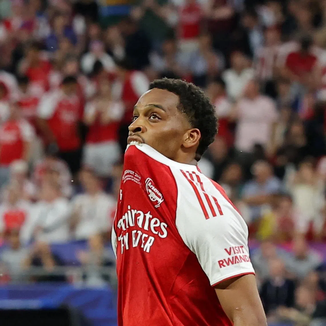 Arsenal's Jurrien Timber reacts, Soccer Football, UEFA Champions League, Final, Paris St Germain v Arsenal, Puskas Arena, Budapest, Hungary, May 30, 2026. REUTERS/Bernadett Szabo