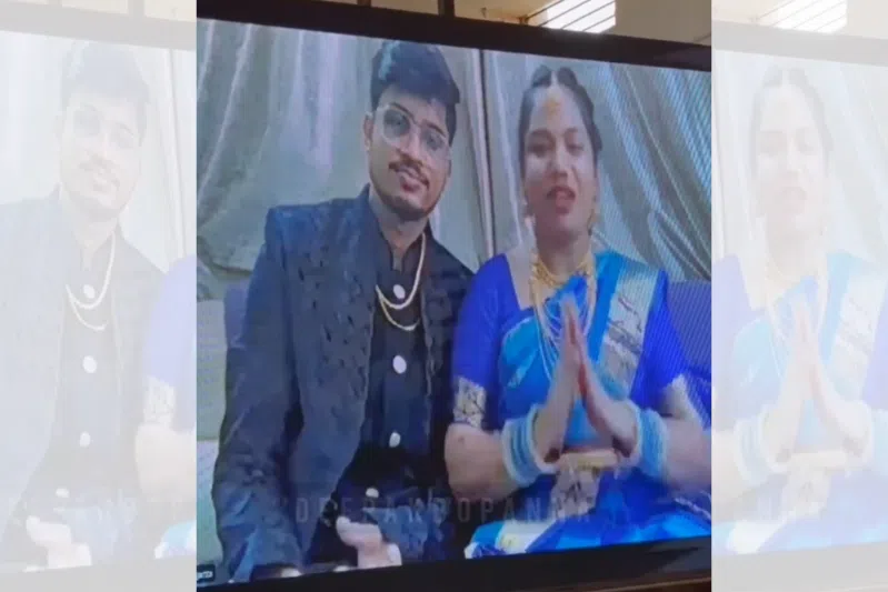 Mr Medha Kshirsagar and Ms Sangama Das are seen attending their wedding reception via a video call due to airline IndiGo’s massive flight scheduling snafu.