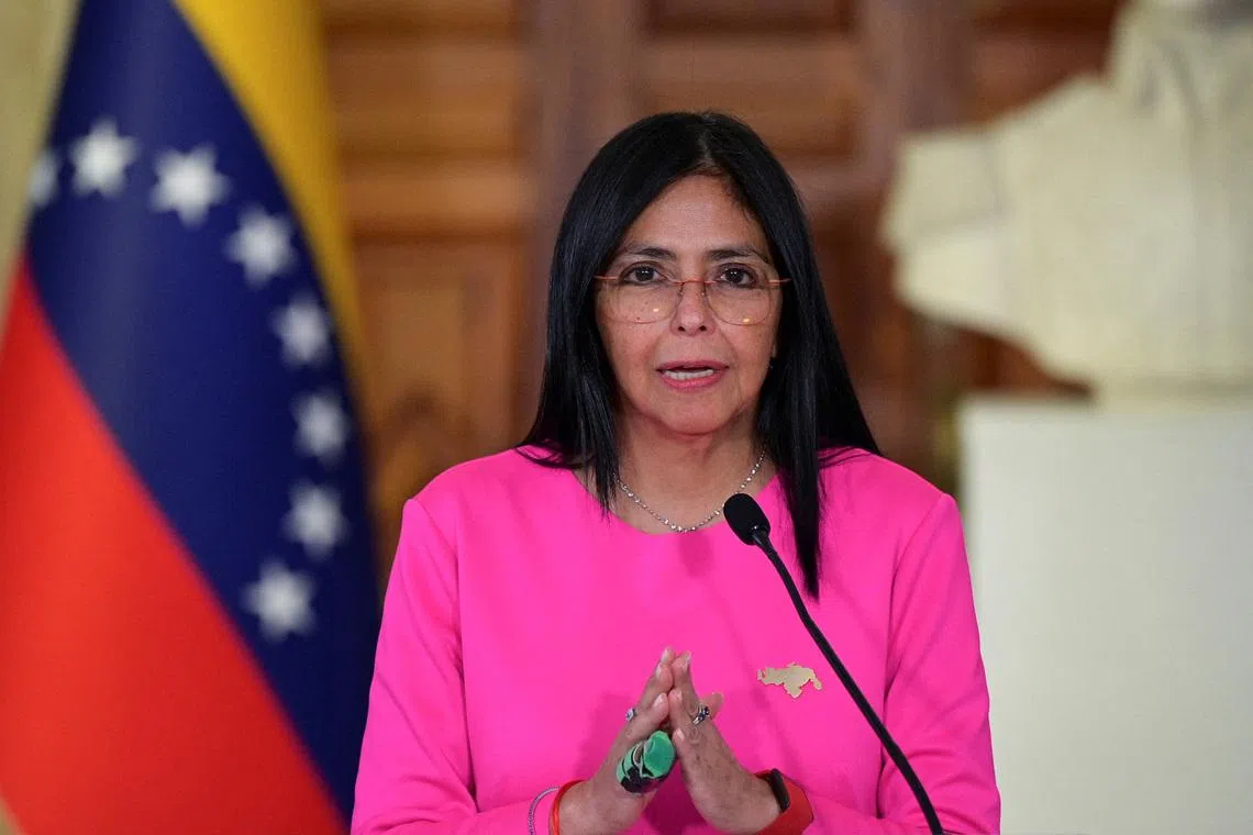 Venezuela's Vice President and Oil Minister Delcy Rodriguez addresses the media at the Ministry of Foreign Affairs in Caracas, Venezuela August 11, 2025. REUTERS/Gaby Oraa
