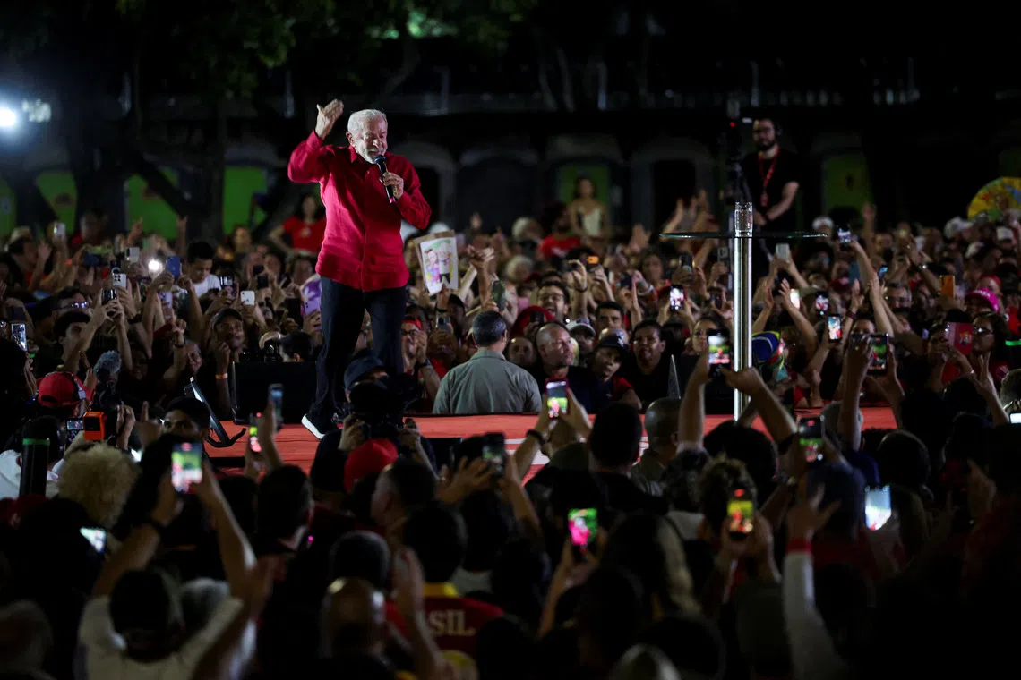 Brazilian President Luiz Inacio Lula da Silva, a candidate for reelection for the Workers' Party (PT), speaks at a campaign rally in Brasilia, Brazil, September 16, 2026. REUTERS/Adriano Machado