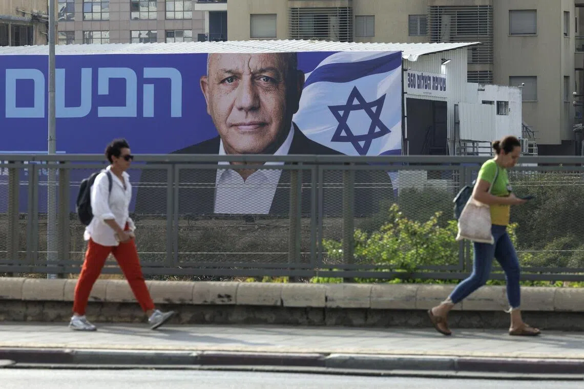 An election campaign poster for opposition candidate Gadi Eisenkot, leader of the Yashar party, in Tel Aviv, Israel, on Oct 14.