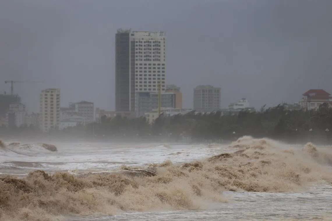 Waves approach Cua Lo beach, while Typhoon Kajiki approaches Nghe An province, Vietnam, August 25, 2025. 