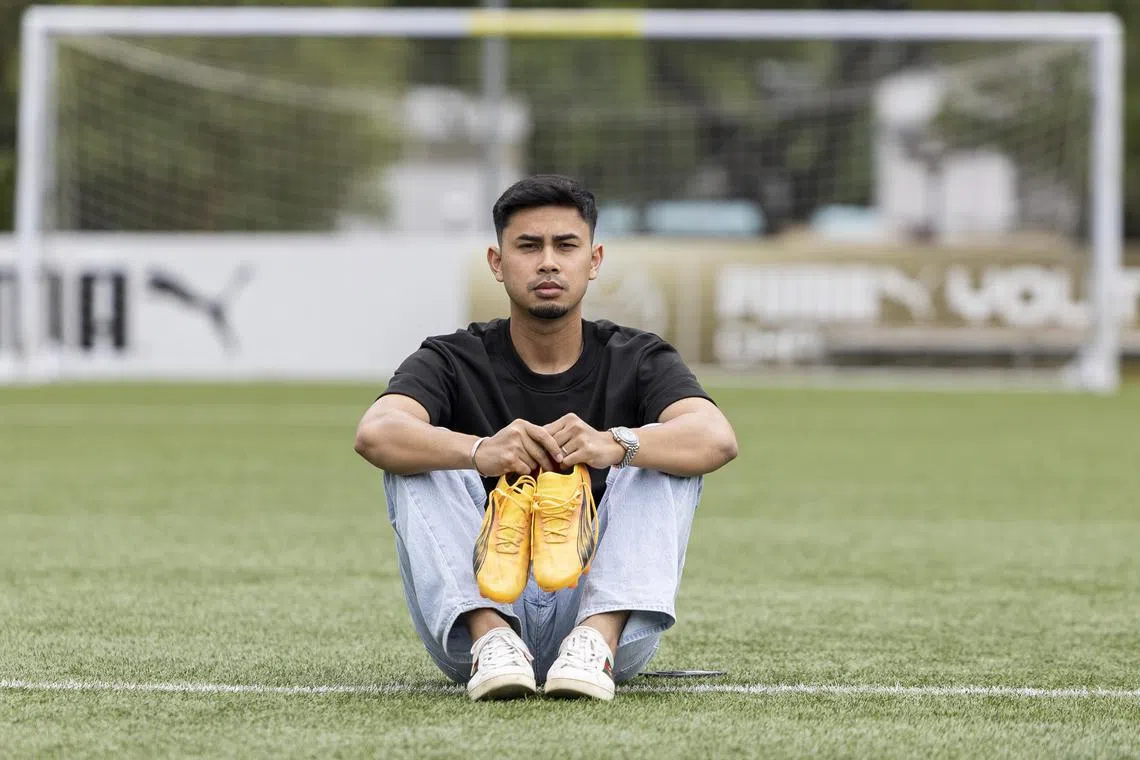 ST20241219_202484400723/dgsoc19/Brian Teo/Deepanraj Ganesan/Profile of Mr Adam Swandi, 28, Singapore national team and Lion City Sailors midfielder, at the Lion City Sailors Training Centre on Dec 19, 2024. He is set to hang up his boots after doctors detected an issue in his heart. ST PHOTO: BRIAN TEO