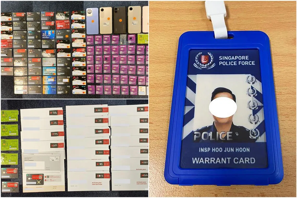 Mobile phones, SIM cards, bank cards and bank correspondences seized by the police, and a fake police warrant card sent to a victim.