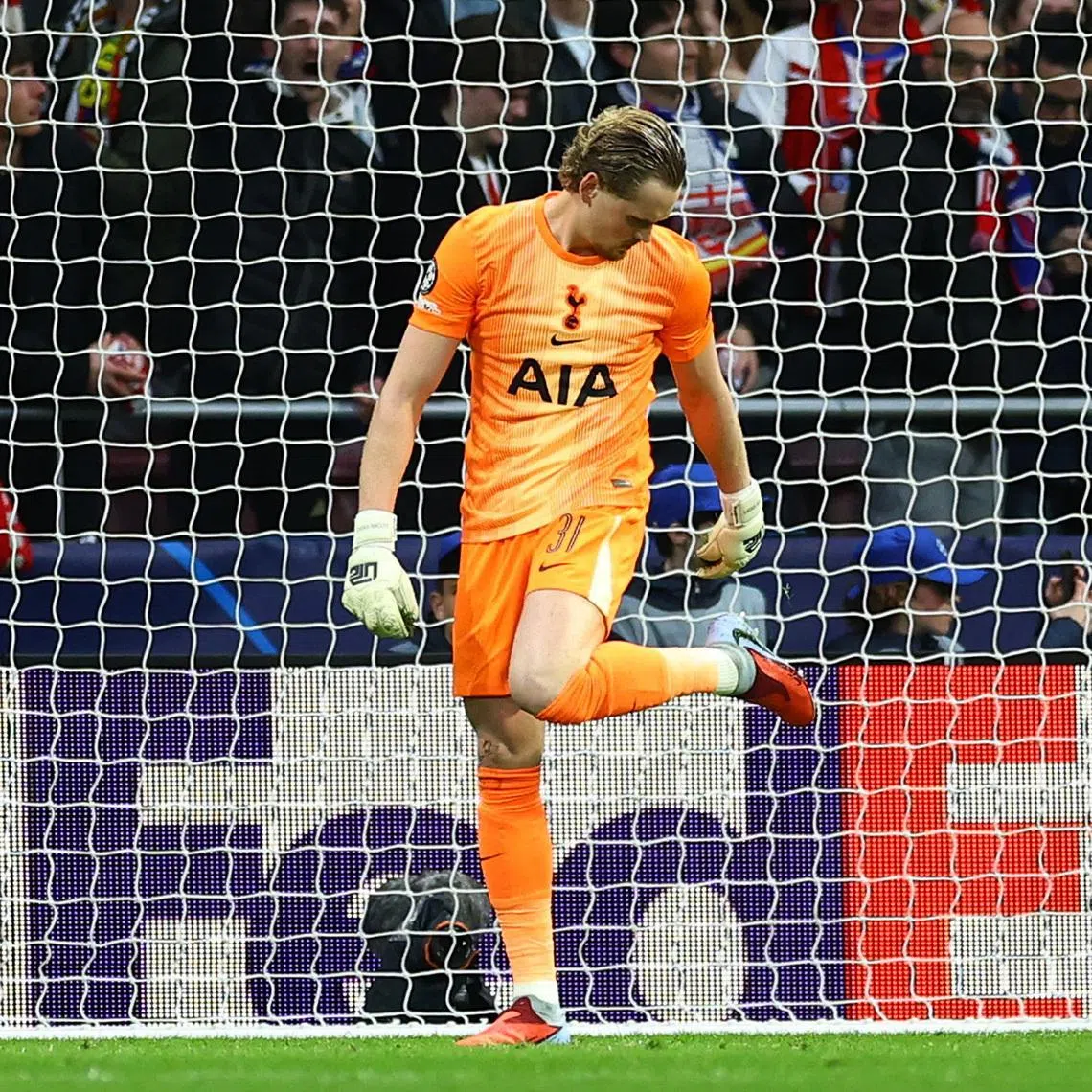 Tottenham Hotspur goalkeeper Antonin Kinsky looking dejected after Atletico Madrid's Marcos Llorente scores their first goal in the 5-2 Champions League last-16, first-leg loss to Atletico Madrid at the Metropolitano on March 10, 2026.