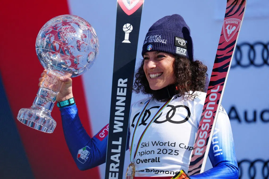FILE PHOTO: Mar 27, 2025; Sun Valley, ID, USA; World Cup overall points winner Federica Brignone of Italy celebrates with the crystal globe after the 2025 FIS Ski World Cup at Sun Valley. Mandatory Credit: Christopher Creveling-Imagn Images/File Photo