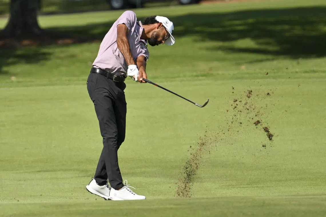 Akshay Bhatia plays a shot from on the ninth hole during the first round of the FedEx St. Jude Championship.