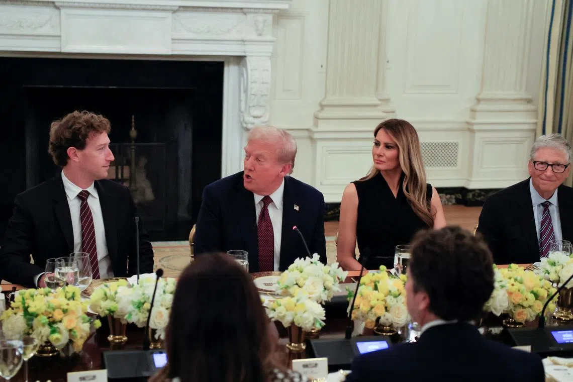(From left) Meta CEO Mark Zuckerberg, US President Donald Trump, US First Lady Melania Trump and Microsoft co-founder Bill Gates during a dinner at the White House on Sept 4.