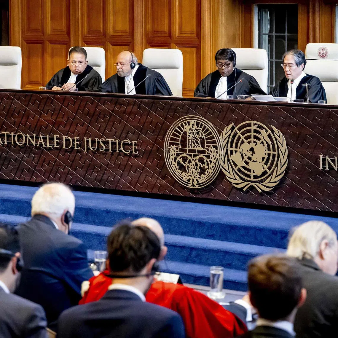 This photograph shows a general view of the International Court of Justice during an interrogation on Israel's humanitarian obligations towards Palestinians at the International Court of Justice, in The Hague on April 28, 2025. The UN's top court opened on April 28, 2025, a week of hearings on Israel's humanitarian obligations towards Palestinians, more than 50 days into its total blockade on aid entering war-ravaged Gaza. United Nations representatives will start the five days of sittings at the International Court of Justice in The Hague, followed by a Palestinian submission. (Photo by Robin Utrecht / ANP / AFP) / Netherlands OUT