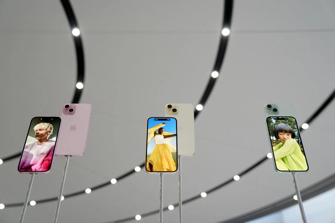 New iPhone 15 and iPhone 15 Plus are displayed during the 'Wonderlust' event at the company's headquarters in Cupertino, California.