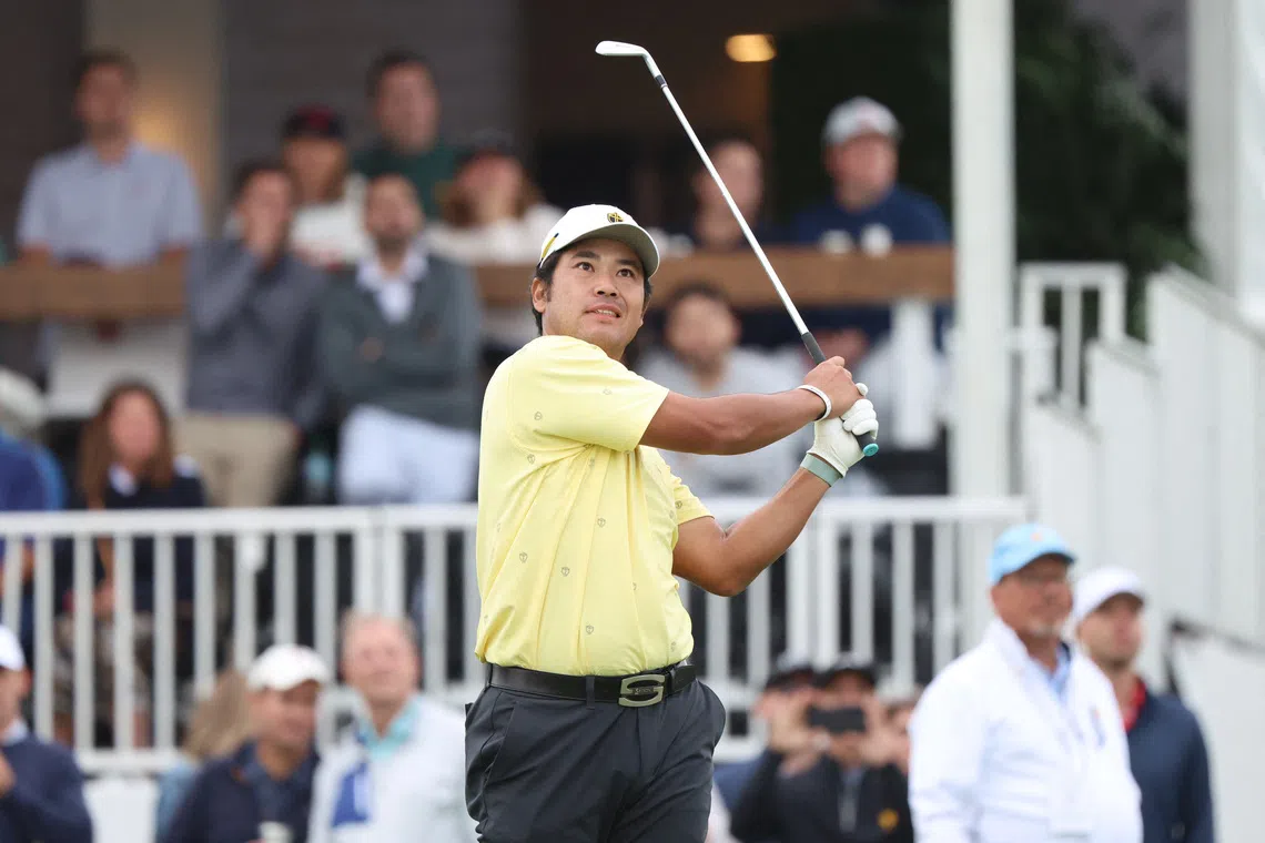 Hideki Matsuyama teeing off on the 16th hole during the second round of the Presidents Cup.