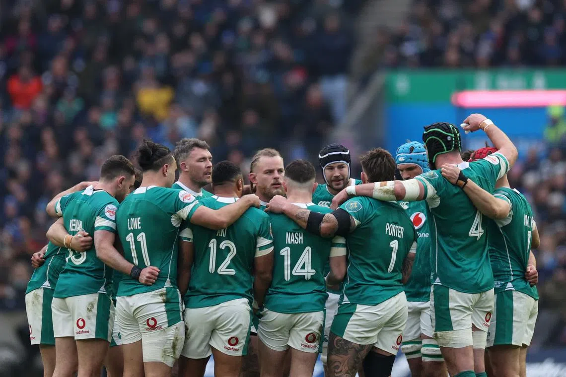 FILE Rugby Union - Six Nations Championship - Scotland v Ireland - Murrayfield Stadium, Edinburgh, Scotland, Britain - February 9, 2025 Ireland players huddle before the match REUTERS/Russell Cheyne/File Photo
