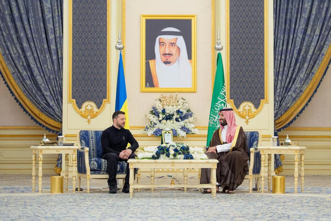 Ukrainian President Volodymyr Zelenskiy meets Saudi Crown Prince, Mohammed bin Salman, during his visit to Jeddah, on March 10.