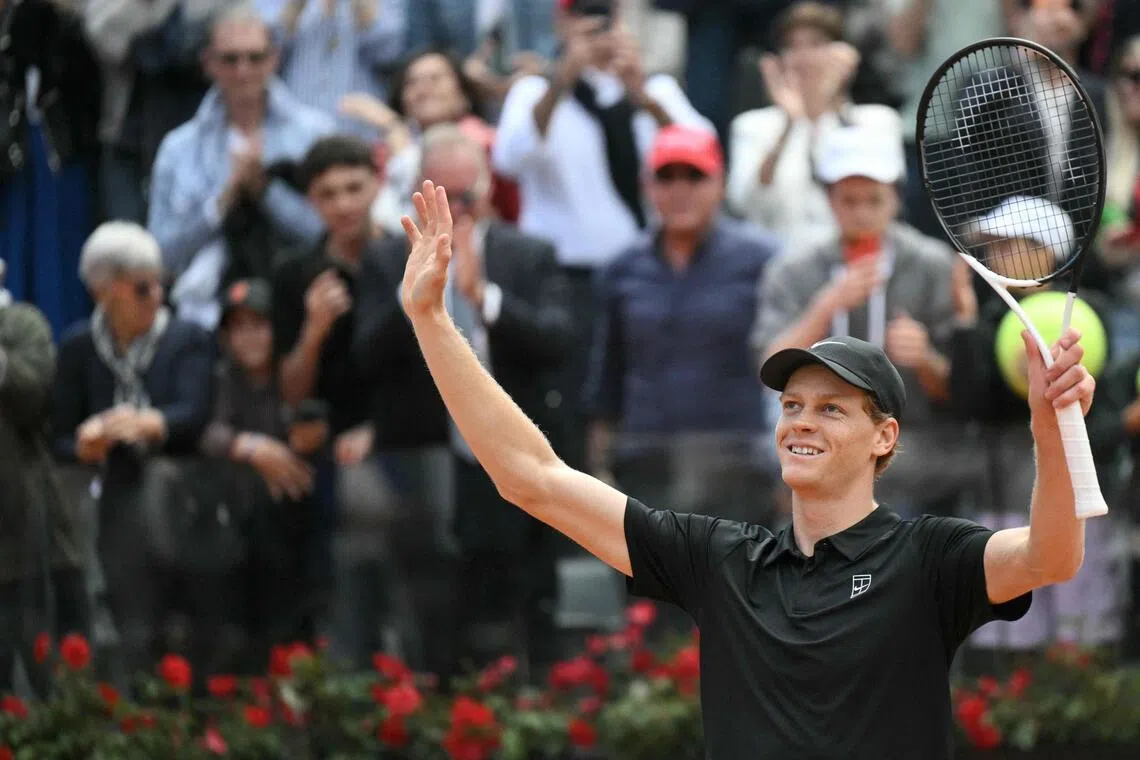 Jannik Sinner celebrates after winning the semi-final against Russia's Daniil Medvedev at the ATP Rome Open tennis tournament at Foro Italico in Rome on May 16, 2026. 