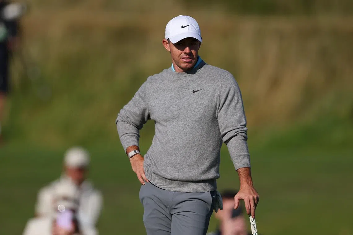 Jul 14, 2026; Southport, England; Rory McIlroy looks on as he waits to putt on the seventh hole during a practice round for The Open Championship golf tournament at Royal Birkdale. Mandatory Credit: Bill Streicher-Imagn Images