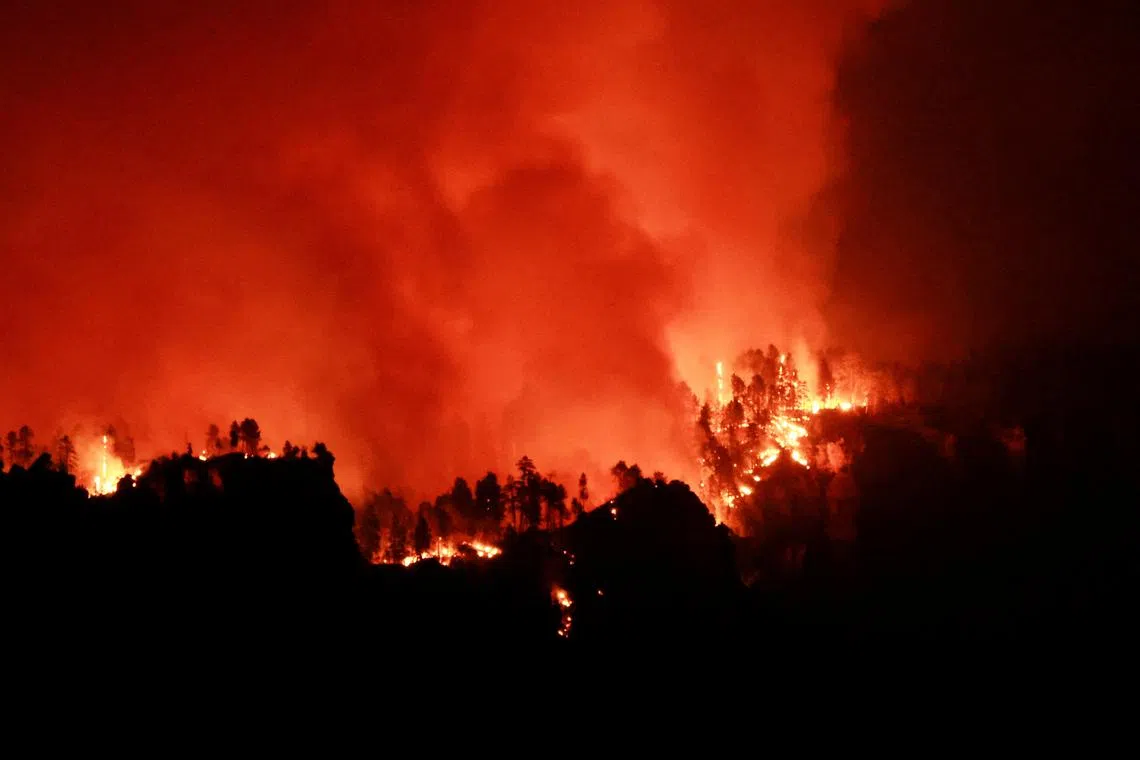 FILE PHOTO: The Dragon Bravo Fire burns on the northern rim as seen from Grandeur Point on the southern rim of Grand Canyon, Arizona, U.S. July 14, 2025.  REUTERS/David Swanson/File Photo