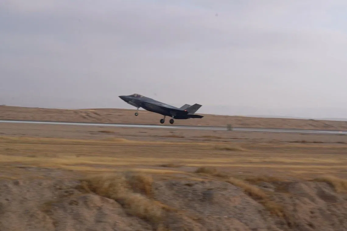 FILE PHOTO: Israeli Air Force F-35 Lightning 'Adir' fighter jet lands at a location given as Nevatim Airbase after an aerial defense mission, in Israel, in this screen grab taken from a handout video released on April 14, 2024. Israel Defense Forces/Handout via REUTERS/File Photo