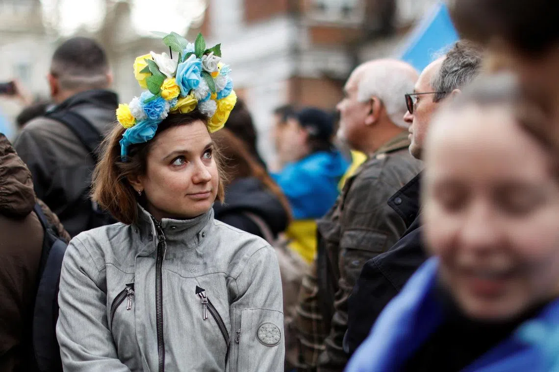 Protesters calling for solidarity with Ukraine amid Russia's ongoing invasion of its neighbour demonstrate outside the Russian Embassy in London.