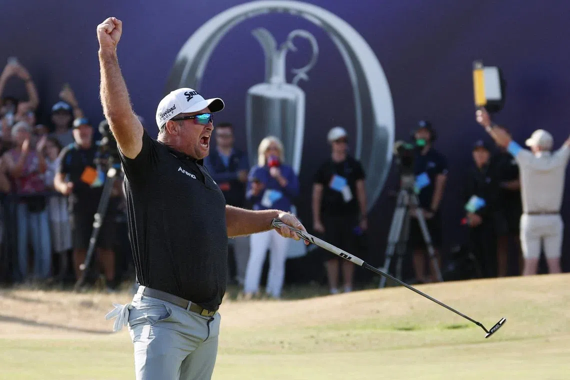 Golf - The 154th Open Championship - Royal Birkdale Golf Club, Southport, Britain - July 19, 2026 New Zealand's Ryan Fox celebrates after he holes his putt on the 18th green to win The 154th Open REUTERS/Andrew Boyers