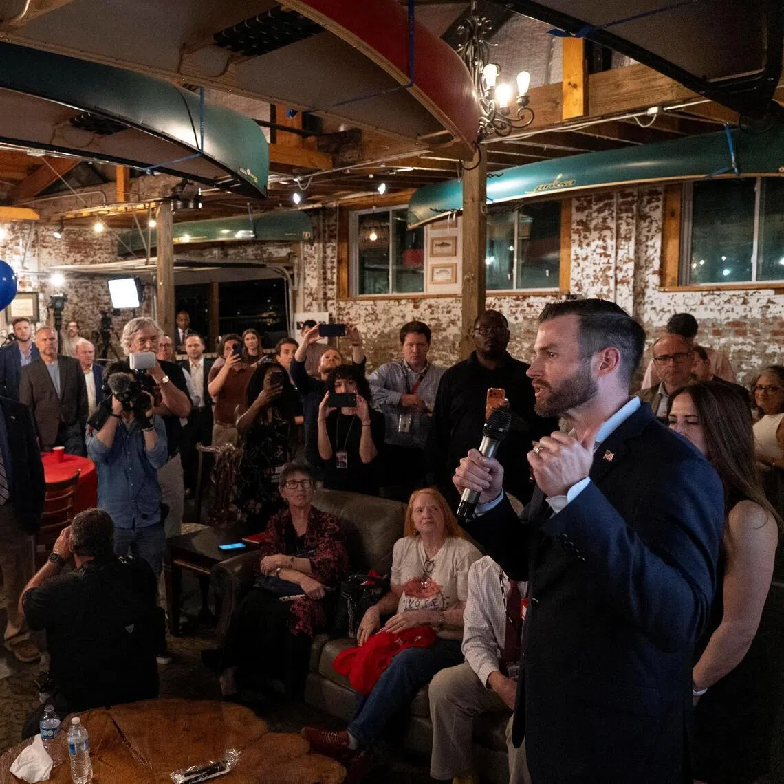 Georgia congressional candidate Clay Fuller speaks after the voting results were announced during his watch night party in Rome, Georgia.